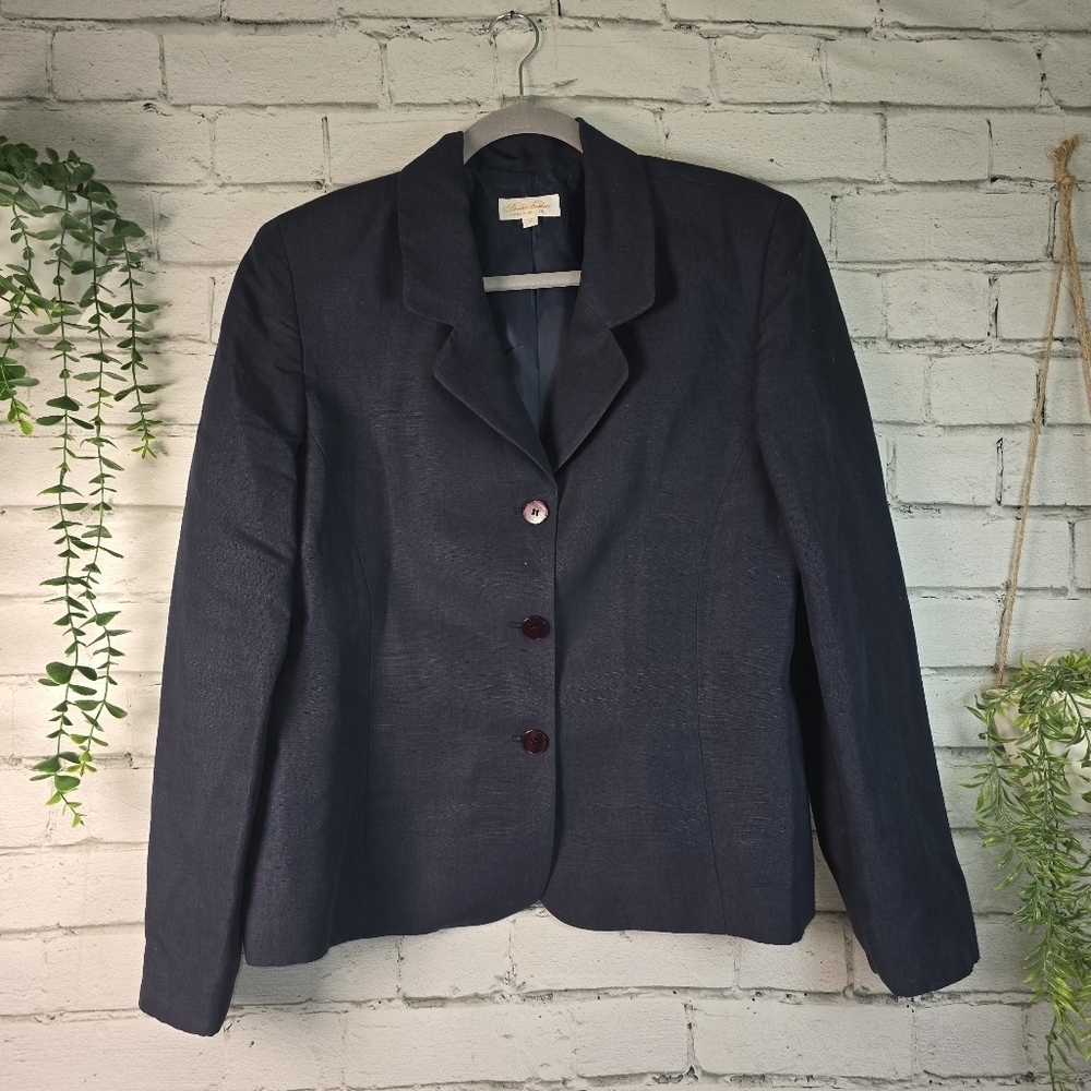 BROOKS BROTHERS WOMENS CLASSY NAVY BLAZER LINED LINEN BLEND SIZE 14